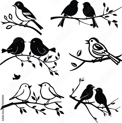 birds on branch silhouette  vector illustration 
