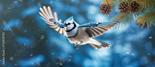 Blue Jay bird flying from the tree photo