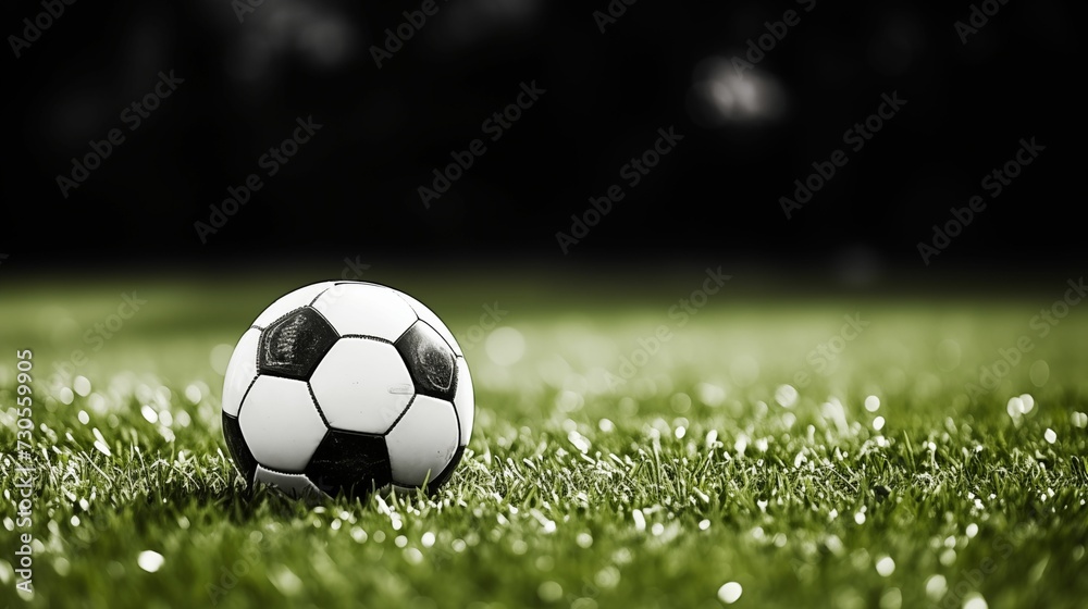 Fototapeta premium Black and white soccer ball placed on a green grass field.