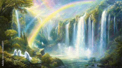 A magnificent rainbow arches over a stunning waterfall with a group of serene angels gathered at its base basking in its radiant glow.