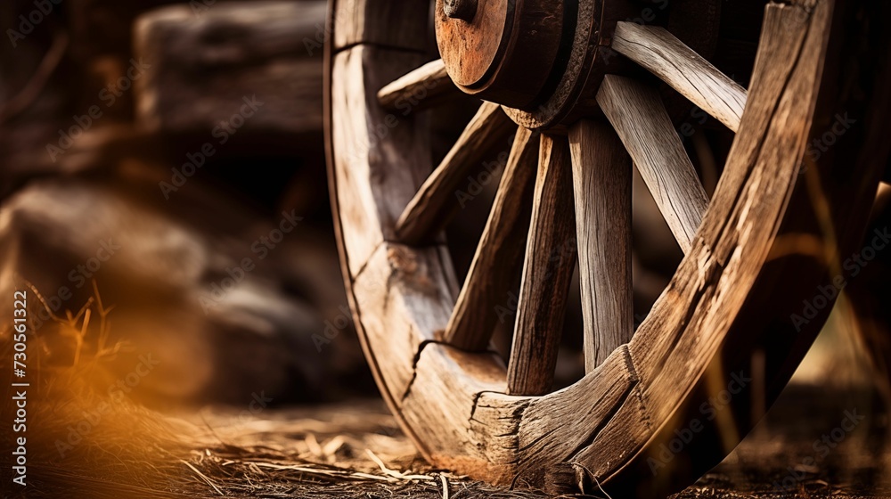 Detailed close-up of a wooden wagon wheel. - obrazy, fototapety, plakaty 