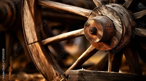 Detailed close-up of a wooden wagon wheel. photo
