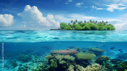 A serene tropical island with lush greenery above a vibrant underwater coral reef teeming with fish.  © wanchai