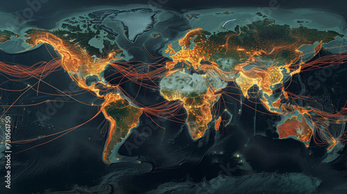 A map showing the global routes of major oil and gas shipping lines highlighting the interconnectedness of the industry and its role in international trade. © Justlight