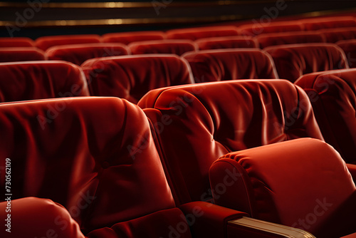 Velvet red seats of an empty, luxurious auditorium. AI Generative.