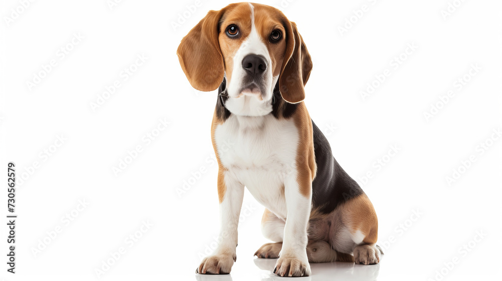 A beagle with expressive eyes sits attentively against a white background. AI Generative.