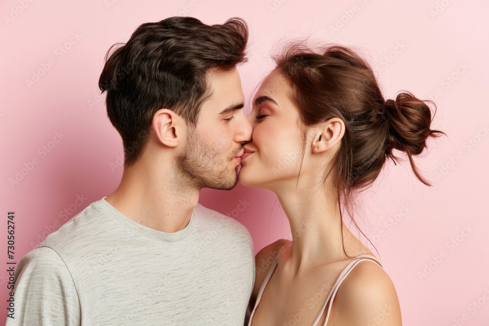 Beautiful young couple kissing against the background of a pink wall. Beautiful young couple kissing against the background of a pink wall.