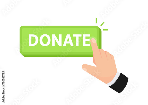 Vector design of a hand clicking a Donate button, representing online charitable giving