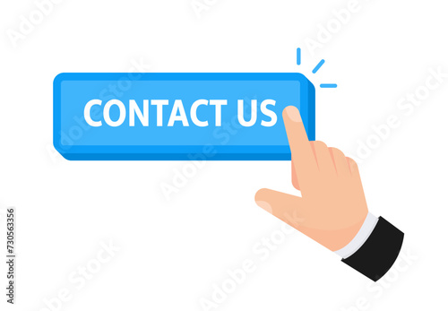 Vector illustration of a hand initiating contact by pressing a Contact Us button, indicating customer support and communication