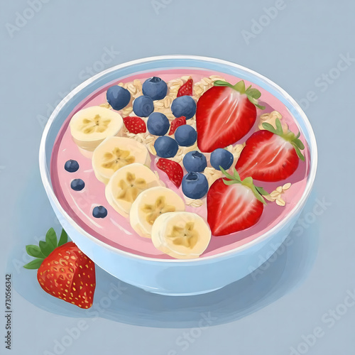 Illustration vector graphic of yogurt smoothie bowl with banana, strawberries, blueberries and oats vector icon illustration