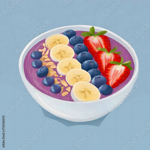 Illustration vector graphic of smoothie bowl with banana, blueberries, strawberries and oats vector icon illustration. food icon concept isolated premium vector