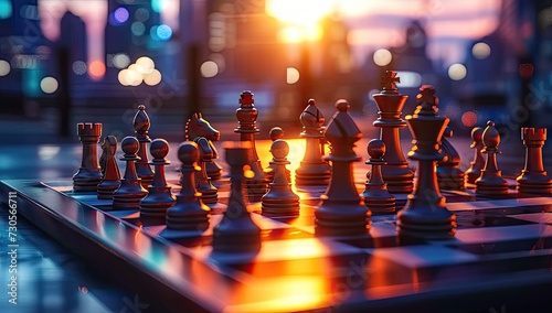 Strategically positioned chess pieces on board against backdrop of blurred city at night symbolizing intricacies of business competition and leadership captures essence of strategy