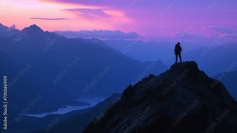 A solitary figure stands atop a rugged mountain against a twilight sky with layered mountain silhouettes.