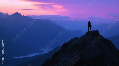 A solitary figure stands atop a rugged mountain against a twilight sky with layered mountain silhouettes. © Rudsaphon