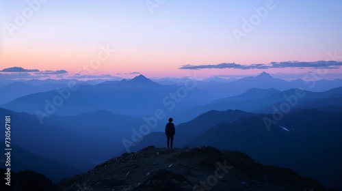 A solitary figure stands atop a rugged mountain against a twilight sky with layered mountain silhouettes.