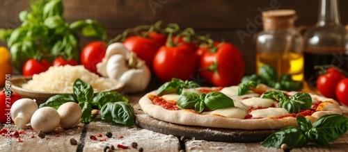 Mozzarella and vegetables for pizza on a rustic kitchen table.