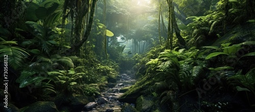 Dense tropical forest with lush green trees © gufron