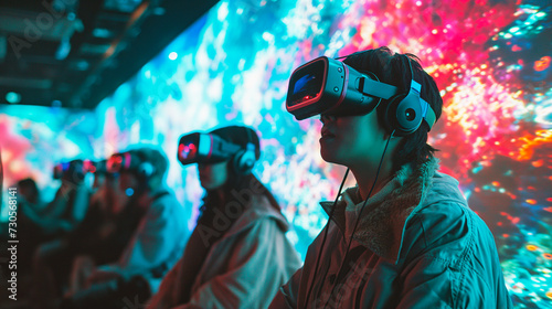People in a row are using VR headsets, enjoying a vibrant virtual reality experience with a dynamic, colorful background