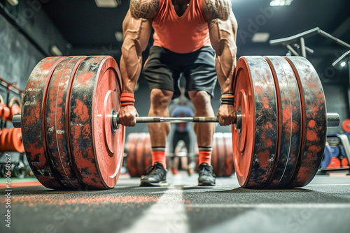 Close-up of a weightlifter lifting heavy weights in a gym.