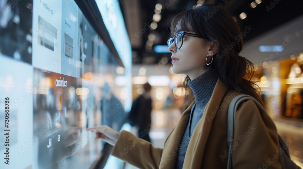 Interested Screen young woman with glasses is using a digital touch screen at a shopping ...