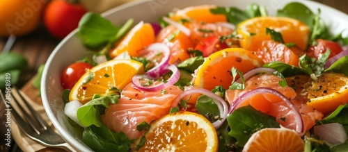 Healthy salad made with fresh salmon  mandarin oranges  onion  honey  and tomatoes.