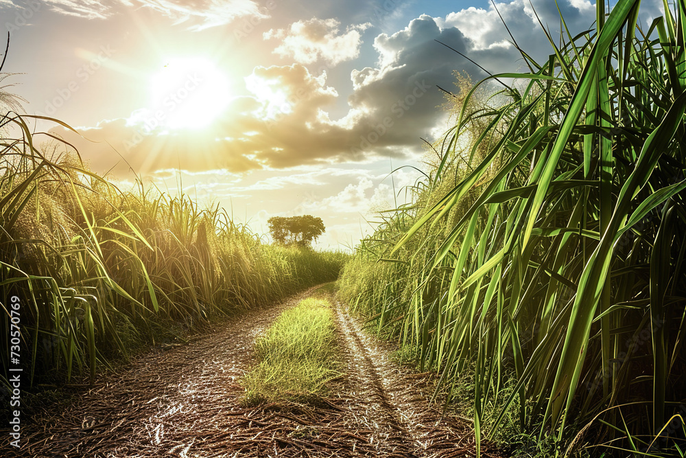 A scenic cane sugar plantation bathed in sunlight, featuring rows of lush sugarcane fields. - obrazy, fototapety, plakaty 