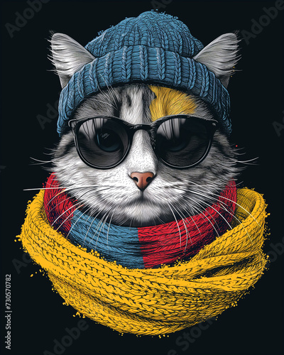 modern print for clothes  t-shirts. portrait of a fashionable cat dressed in a winter hat and scarf. raster illustration