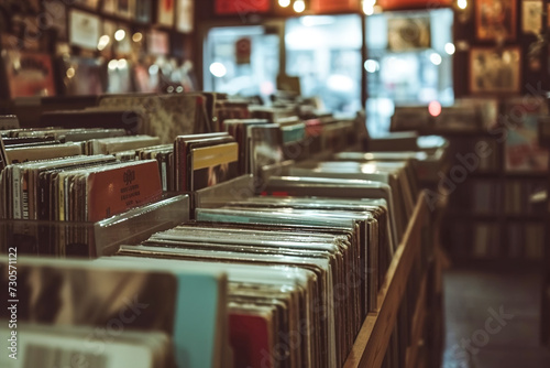 Vintage vibes in a vinyl record store, where music lovers explore classics. photo