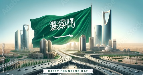 Illustration for founding day with big wavy saudi arabia flag in city. photo