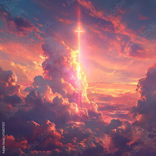 The cross rises from the ground into the sky at sunset. , ai generated.