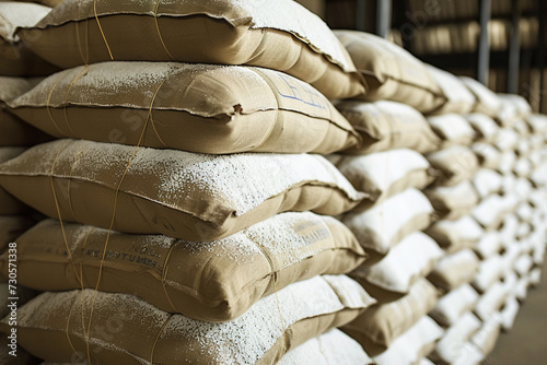 A close-up of stacked sacks of sugar in a warehouse, uniformity and packaging of the refined sugar product.