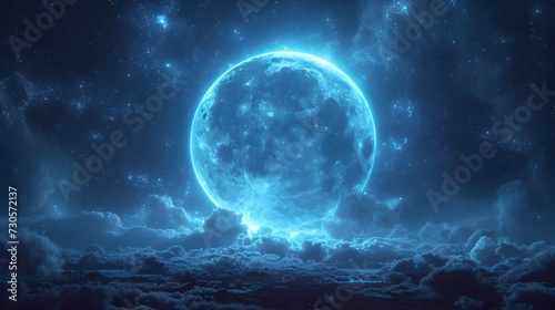 Blue Moon with Clouds and Stars in the Night Sky