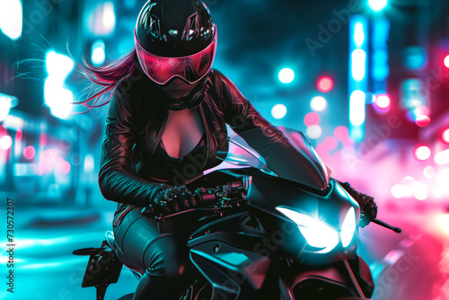 A cyberpunk girl rides around the city on a motorcycle  Motorcycle on the road. driving around the city  Motion Effect. Neon city