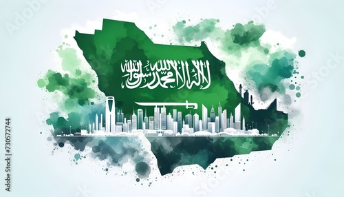 Watercolor painting style illustration of the saudi arabia map and flag with city skyline.