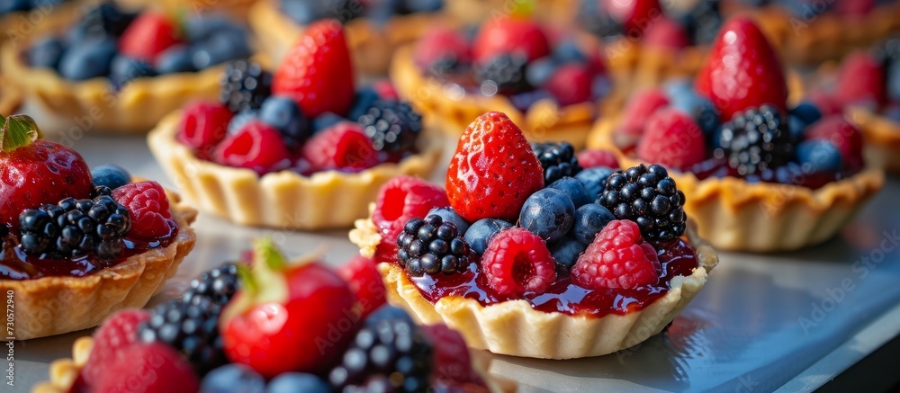 Fruit tarts adorned with various berries at a farmers market in Prague. Fruit tarts adorned with various berries at a farmers market in Prague.