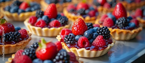 Fruit tarts adorned with various berries at a farmers market in Prague.