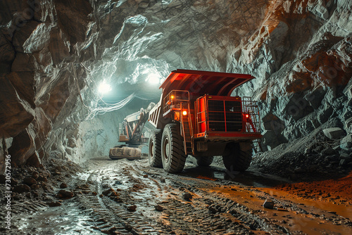 Robotics AI drilling deep for ore and transportation by trucks in the technologically advanced underground mine.