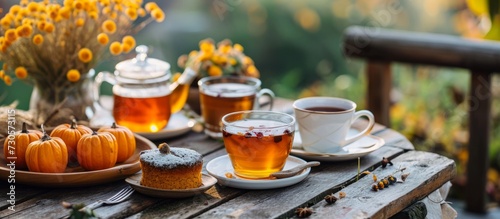 Outside, enjoy a nourishing autumn breakfast with organic sea buckthorn tea, herbal tea to boost immunity, and a vegan pumpkin cake.
