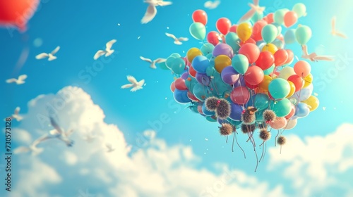In this whimsical scene a group of hedgehogs have tied themselves together with balloons and are floating merrily in the sky much to the surprise of the birds flying by. photo