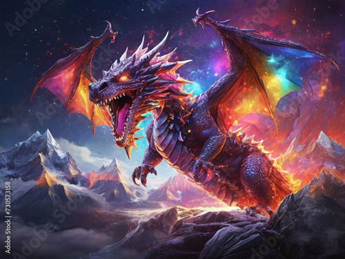 Dragon’s Fiery Flight Across the Celestial Rainbow Generative AI © Darian