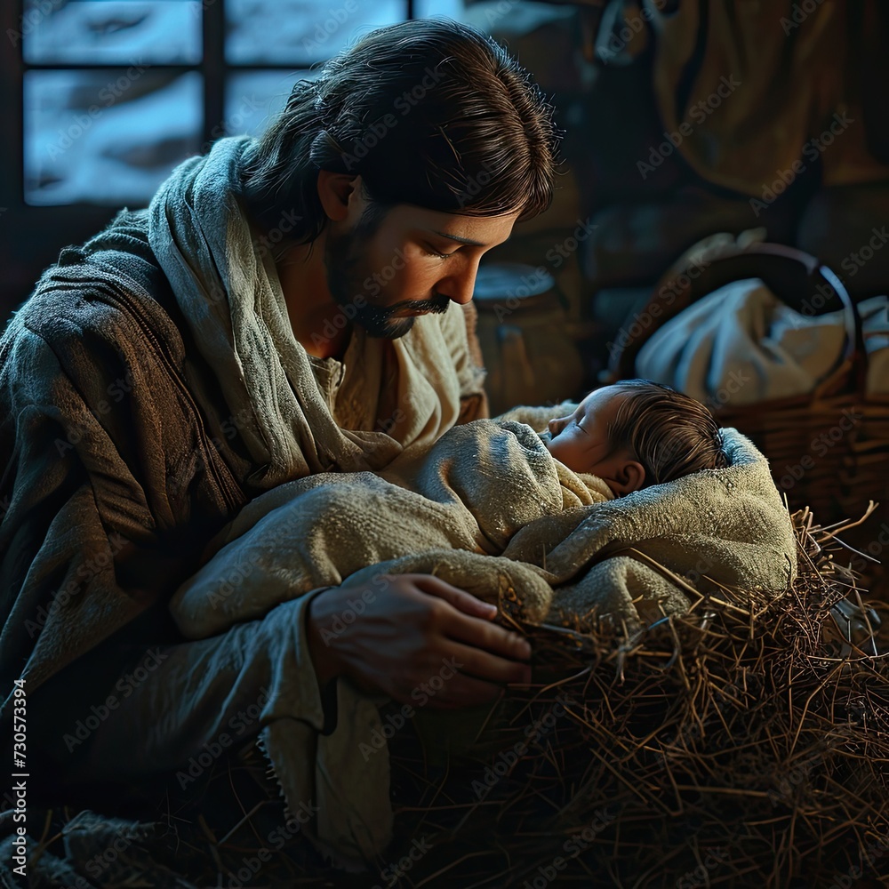 Divine narrative: a mesmerizing nativity scene, the holy essence of Christmas with a harmonious tableau of Mary, Joseph, baby Jesus Christ .