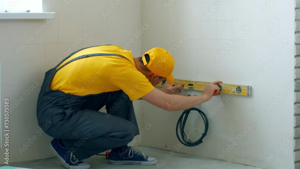 Builder makes markings on the wall using a level tool. Preparation for repair. Builder makes markings on the wall using a level tool. Preparation for repair.