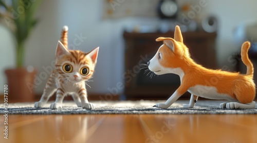 A playful kitten elegantly stretching and arching its back in a catcow pose while a skeptical dog looks on from the sidelines with raised eyebrows. photo