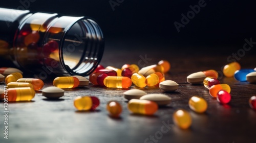 Spilled Pills from Prescription Bottle on Dark Surface