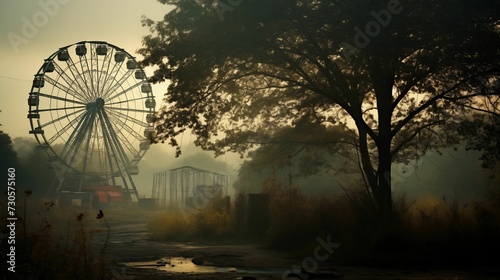 Image of abandoned amusement park with a rusting Ferris wheel. © kept