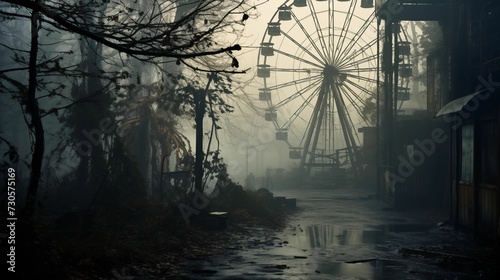 Image of abandoned amusement park with a rusting Ferris wheel. © kept