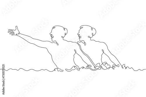 Women's synchronized swimming duet. Olympic water sport. Girls are swimming. Synchronized swimming . Women athletes. One continuous line drawing. Linear. Hand drawn, white background. One line