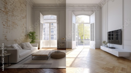 Apartment room before and after restoration or refurbishment. Renovation concept.