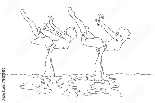 Women's synchronized swimming duet. Olympic water sport. Girls are swimming. Synchronized swimming . Women athletes. One continuous line drawing. Linear. Hand drawn, white background. One line