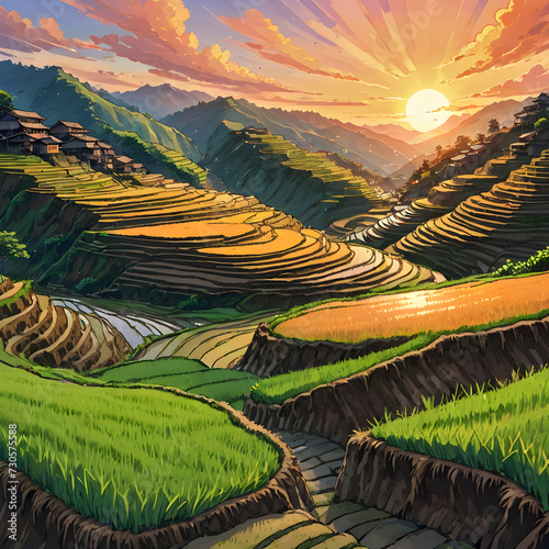 Rice terraces at sunset. Anime landscape drawing photo